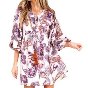 Band Of The Free NWT Lyonnette Paisley Boho Long Sleeve Mini Dress Cream Purple